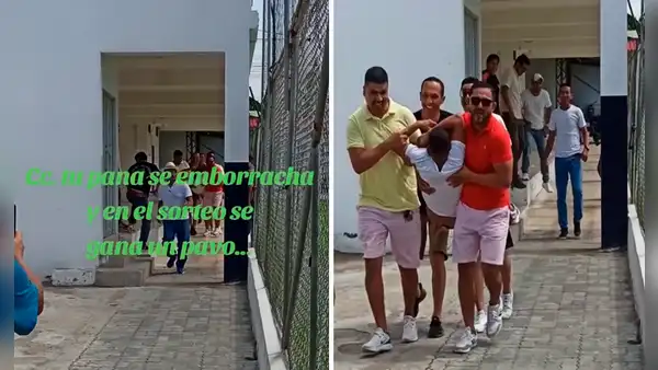 Hombre bebe de más en fiesta de Navidad, gana un pavo en sorteo y sus amigos lo llevan a recibir su premio