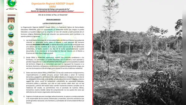 Asesinan a líder kakataibo en Ucayali: recibió amenazas de cocaleros