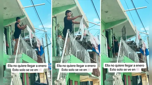 Mujer utiliza cable de poste para tender su ropa y usuarios dicen: “No quiere llegar a enero”