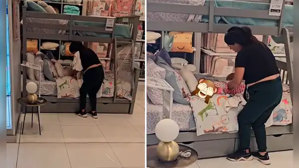Peruana aprovecha cama en tienda de mall de San Juan de Lurigancho para cambiar pañal de su bebé