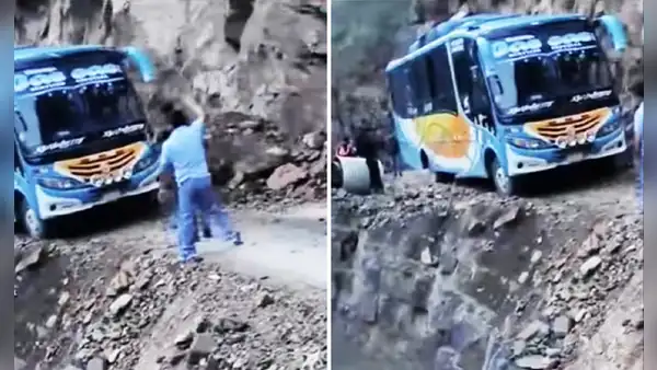 La Libertad: ómnibus pone en riesgo vida de pasajeros al cruzar estrecha carretera cerca a abismo