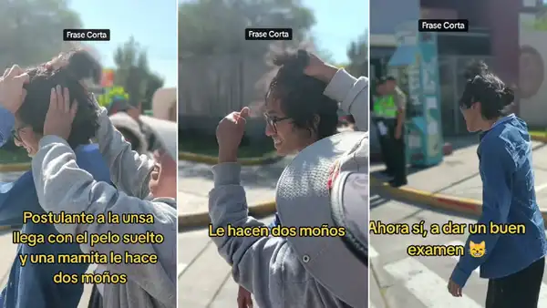 Joven acude a dar examen a la UNSA con el cabello suelto y mamás le hacen peinado loco en la entrada