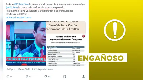 El JNE no dio “más de 1 millón de soles” a Perú Libre, el partido de Vladimir Cerrón