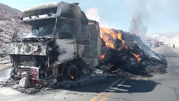 Arequipa: tráiler se incendia en carretera y conductor se salva de milagro