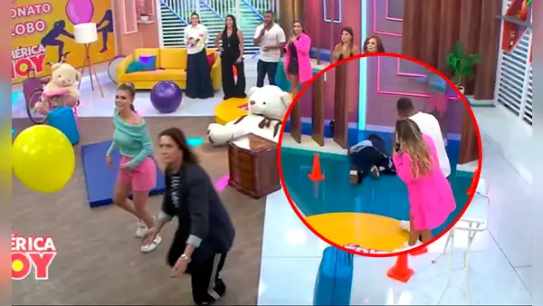 Almendra Gomelsky sufre aparatosa caída EN VIVO durante juego con Brunella Horna en 'América hoy'