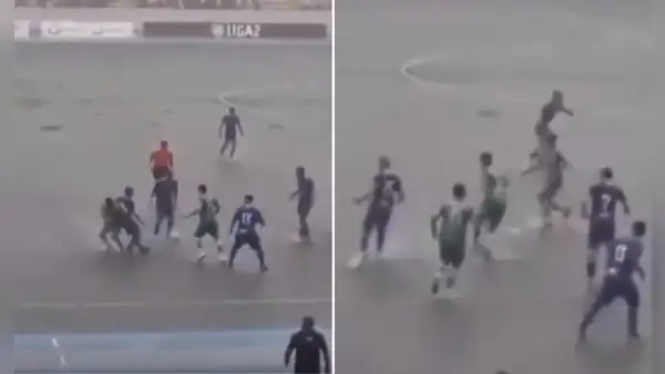 Liga 2: jugadores disputan un partido en medio de una cancha inundada por fuertes lluvias