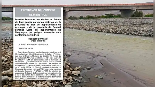 Gobierno declara en emergencia por 60 días a provincias en Arequipa y Moquegua por contaminación del río Tambo