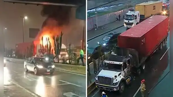 Tráiler se incendia a la altura del puente Santa Rosa y genera tráfico vehicular en Vía de Evitamiento