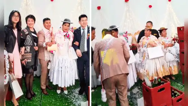 Familia china asiste a boda puneña y tiene inesperada reacción al ofrecerles una caja de cerveza