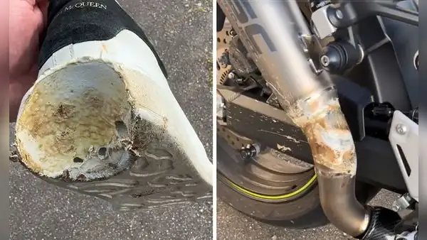 Costosa zapatilla se quemó en el tubo escape caliente de una moto y video es furor en TikTok