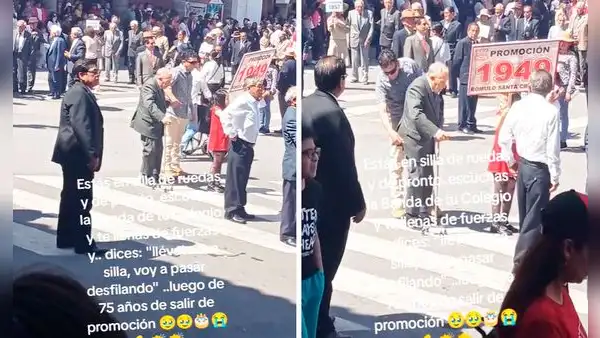 Adulto mayor en Ayacucho protagoniza emotivo momento al pararse de su silla y desfilar con su colegio