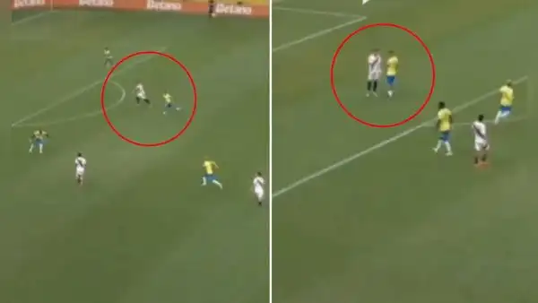 El furioso reclamo de Oliver Sonne a Joao Grimaldo en plena goleada de Brasil a Perú que pasó desapercibido