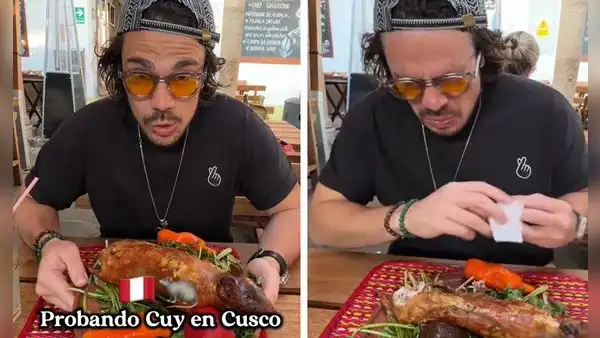 Extranjero prueba cuy por primera vez, primero lo escupe y luego tiene asombrosa reacción: "Está rico"