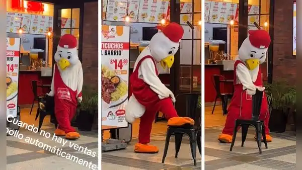 Muñeco de pollería saca los pasos prohibidos y usuarios bromean: “Sepáreme un cuarto con el pollo”