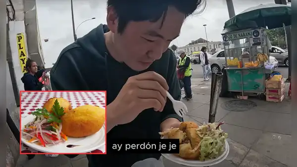 Coreano prueba comida callejera peruana y queda sorprendido con la papa rellena: "Me encantó"