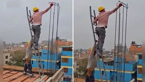 Obreros dejan atónitos a usuarios al usar escalera en techo de vivienda: “Irresponsable”