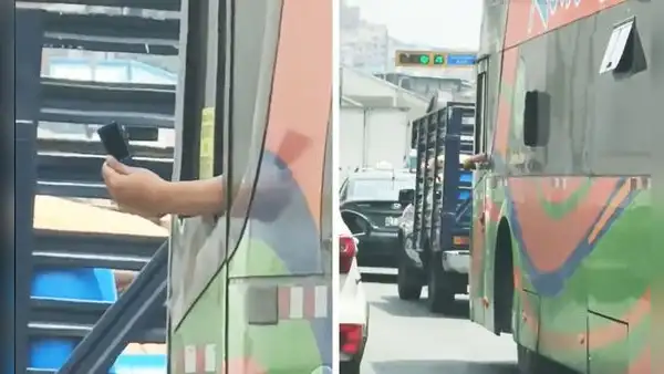 Captan a chofer usando pequeño espejo como retrovisor y afirman: “Es un bus moderno”