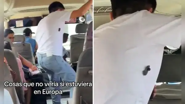 Peruano deja atónitos a usuarios al vestir polo con broche de seguridad en combi