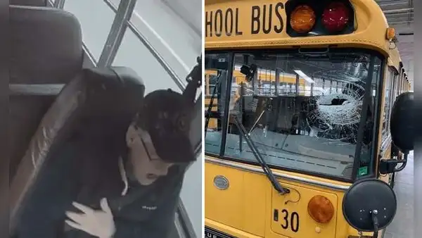 Conductor de autobús escolar sobrevive a impacto de barra de metal que atravesó su parabrisas y cayó en su pecho