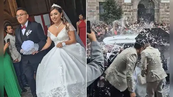 Novios celebraban su boda y terminaron empapados en espuma durante carnavales: "Ni la novia se salvó"