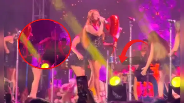 Susana Alvarado sufre aparatosa caída en pleno concierto de Corazón Serrano en Trujillo y es auxiliada por sus compañeras