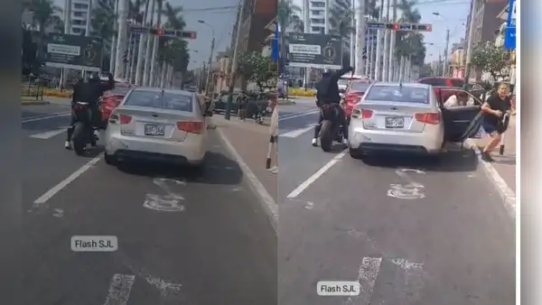 Motociclista rompe la luna de un colectivo con pasajeros a bordo en la avenida Arequipa en San Isidro