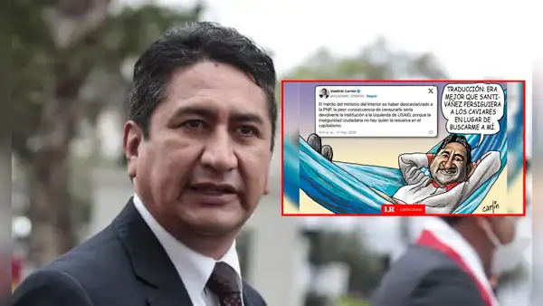 Prófugo Vladimir Cerrón y su apoyo a Santiváñez: Carlincatura expone respaldo del líder de Perú Libre al exministro que debía capturarlo