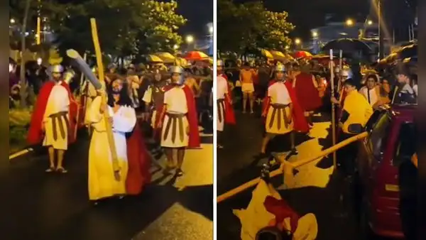 Hombre vestido de Jesús rompe ventana de auto con cruz y genera múltiples reacciones: "Que Dios se lo pague"