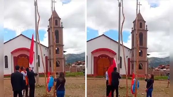Izamiento de bandera del Perú en un tronco de árbol como mástil desata críticas durante aniversario de centro poblado en Andahuaylas