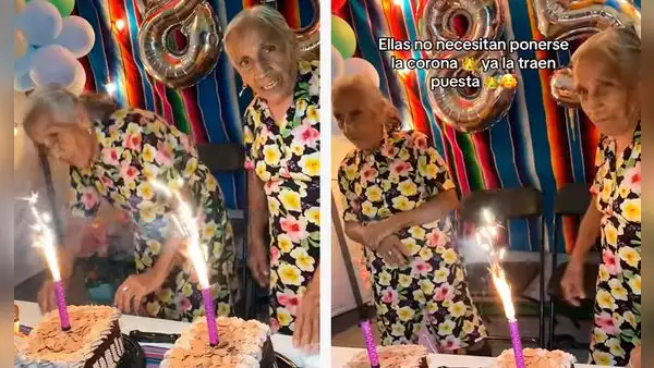 Gemelas cumplen 85 años y bromean con pastel en la cara, pero una se molesta: "Ya sé cuál es la traviesa"