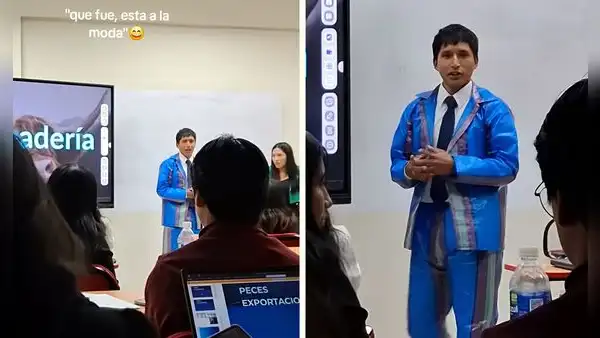 Universitario asiste a exposición con terno inspirado en bolsas de mercado y sorprende: “Calle, pero elegante”
