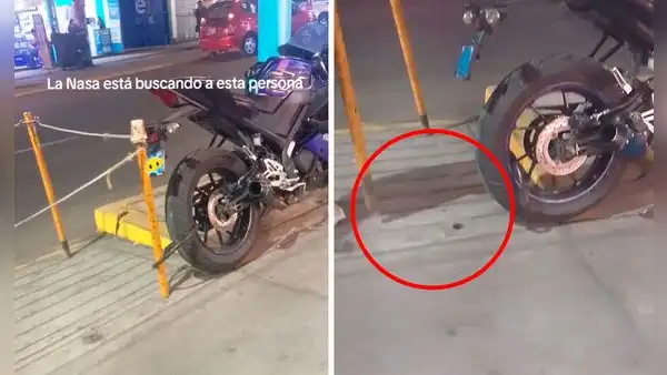 Hombre engancha su moto a pequeño poste para que no se la roben, pero no nota que este es movible