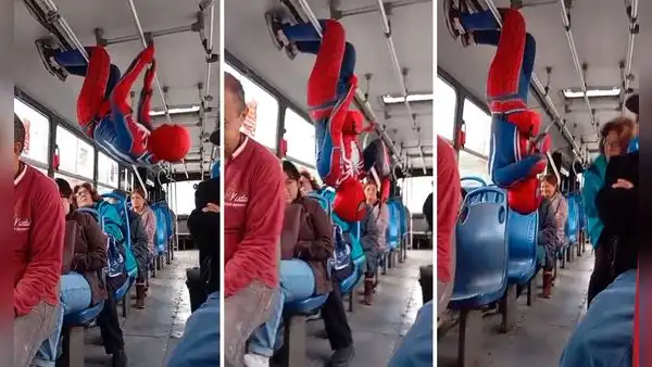 Hombre Araña sorprende a pasajeros tras colgarse de bus y bailar de cabeza: "Spider-Man lejos del paradero"