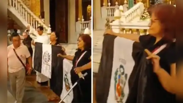 Peruanos alzan bandera de luto en misa convocada por Embajada de Perú en Madrid: "No hay Fiestas Patrias con un gobierno asesino"
