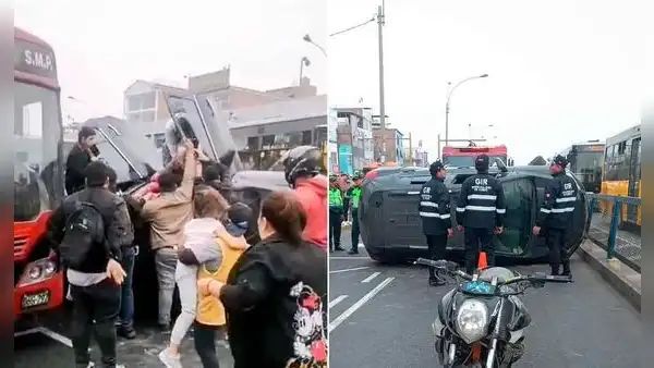 Aparatoso accidente en la av. Universitaria con Belaúnde en Comas: auto se vuelca y deja varios heridos