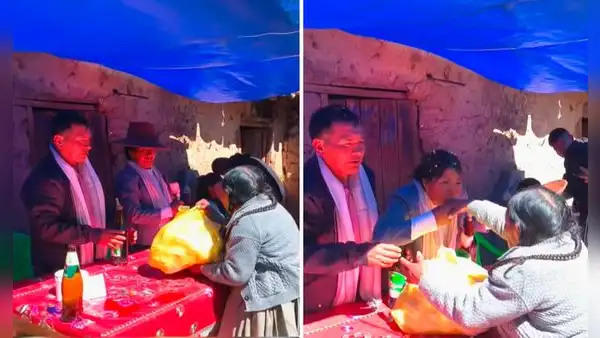 Adulta mayor conmueve al llegar a boda en el Cusco con una bolsa llena de choclos para regalar a pareja: novia le besó sus manos