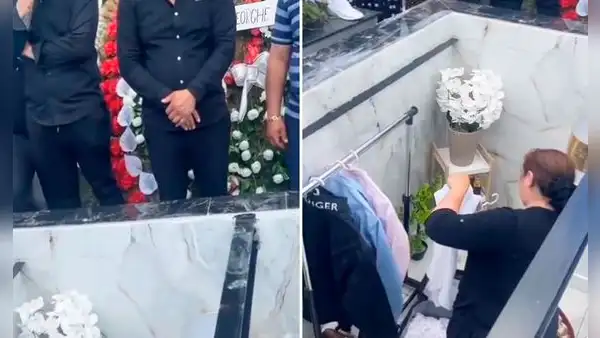 Mujer cuelga ropa de su familiar fallecido en curiosa tumba con vidros de cristal: “¿Es sepelio o mudanza?”