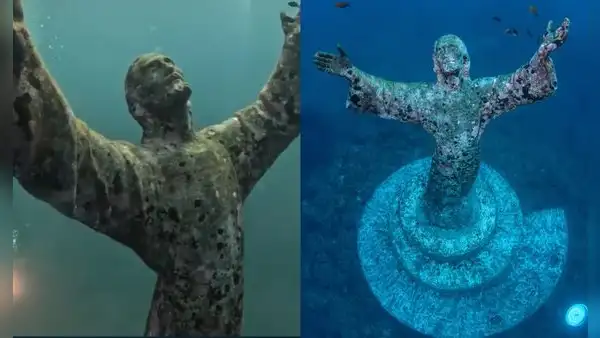 Buzos italianos limpian estatua del Cristo del Abismo ubicada en las profundidades del mar Mediterráneo