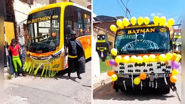 Empresa de transporte en Cusco celebra aniversario con cobrador y chofer disfrazados de ‘Batman y Robin’