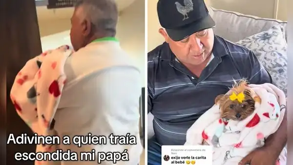 Hombre esconde a su perrita en una cobija como si fuera una bebé: “No era un lugar pet friendly”