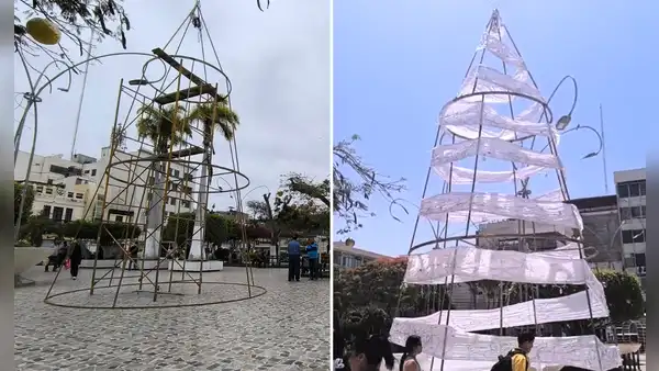 Árbol de Navidad instalado en la plaza principal de Chiclayo genera indignación y rechazo entre los vecinos: "Parece papel higiénico en un tubo"