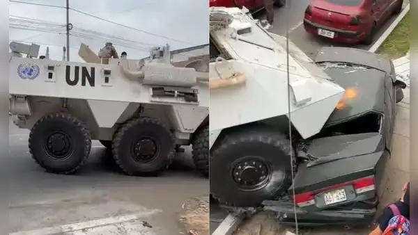 Tanqueta de la ONU provoca aparatoso choque en Chorrillos: blindado destruye auto y derriba postes