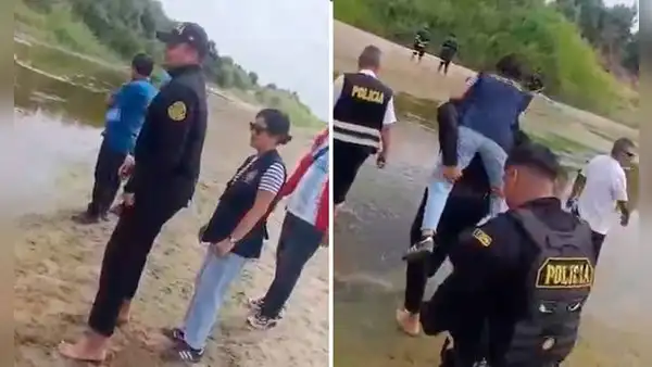Fiscal es cargada por policías para evitar mojarse los zapatos durante levantamiento de cadáver en Piura