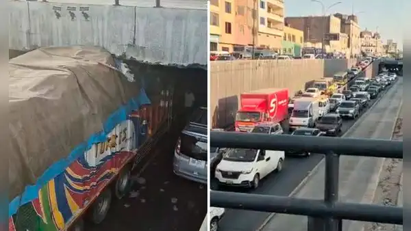 Camión queda atascado en el puente de la Plaza Unión y provoca intenso tráfico en la avenida Alfonso Ugarte