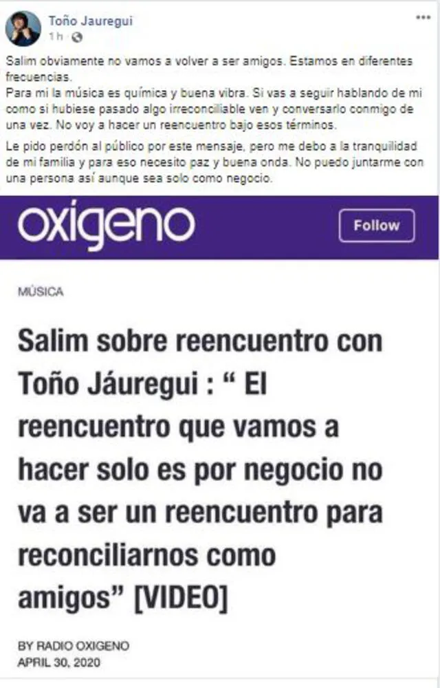 Toño Jauregui se pronuncia en redes sociales sobre Salim Vera. Foto: Captura.