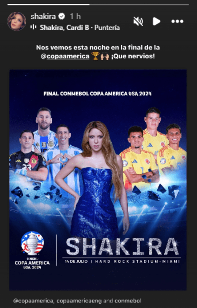   Shakira revela su emoción y nerviosismo previo a la final de la Copa América 2024. Foto: Instagram/Shakira   