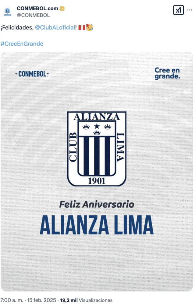 Saludo de la Conmebol a Alianza Lima por cumplir 124 años de vida institucional. Foto: Conmebol.com/X 