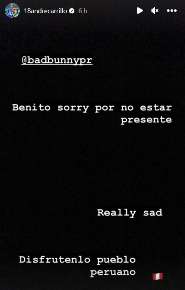 André Carrillo comparte su pena al no ir al concierto de Bad Bunny.