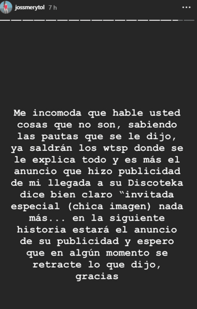 Jossmery Toledo responde a empresario: “Yo no hago show, solo soy imagen”