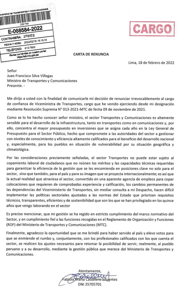 Carta de renuncia de la viceministra de Transportes, Fabiola Caballero Sifuentes. Foto: cortesía